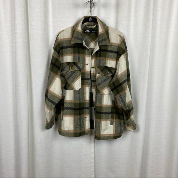 Zara Blogger Favorite Green&Beige Wool Blend Plaid Shacket Sz.M - Picture 5 of 15